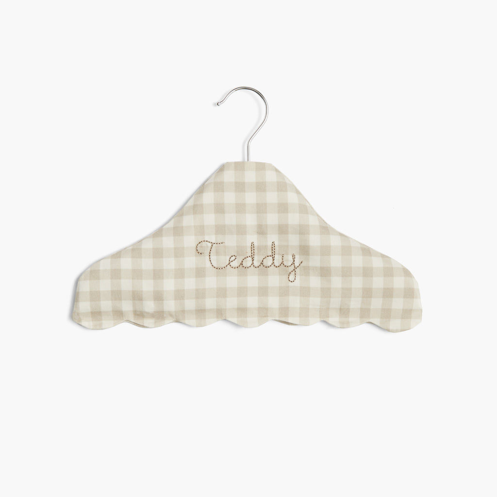 Children's Hanger in Beige Gingham with a personalized monogram name on front.