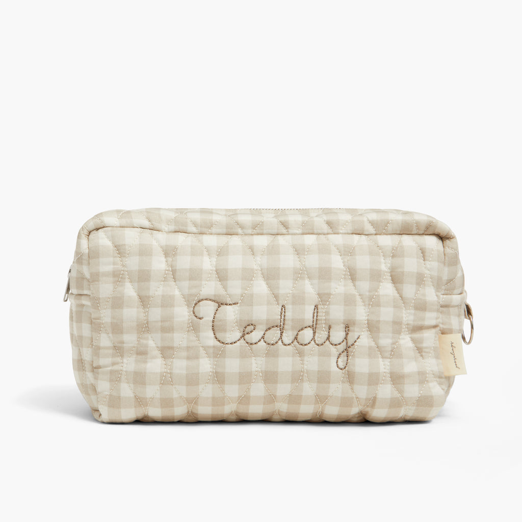 Personalize Me: Toiletry Pouch in Beige Gingham with child's name monogramed on front.