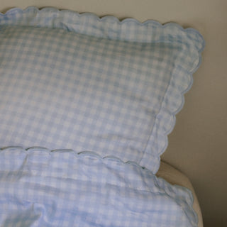 Picnic Gingham Twin Set in Blue. Both Pillow and Duvet Blanket made on bed.