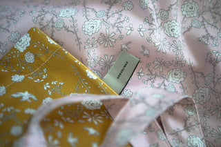 Bird's Song Print in Mustard and Pink Bags with Gooselings Label