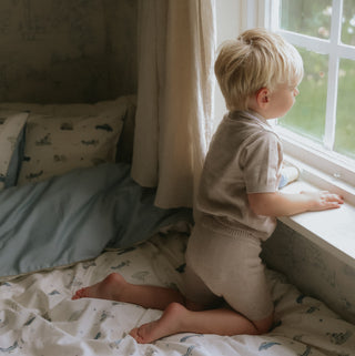 Transport Treasures Twin Set in Blue with child in bed looking out the window