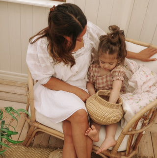Dreaming of Paradise Toddler Duvet with Mother and Daughter sitting on a bench cozy with Duvet