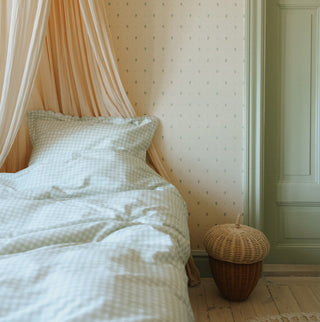 Picnic Gingham Green Twin Set on bed in room with canopy