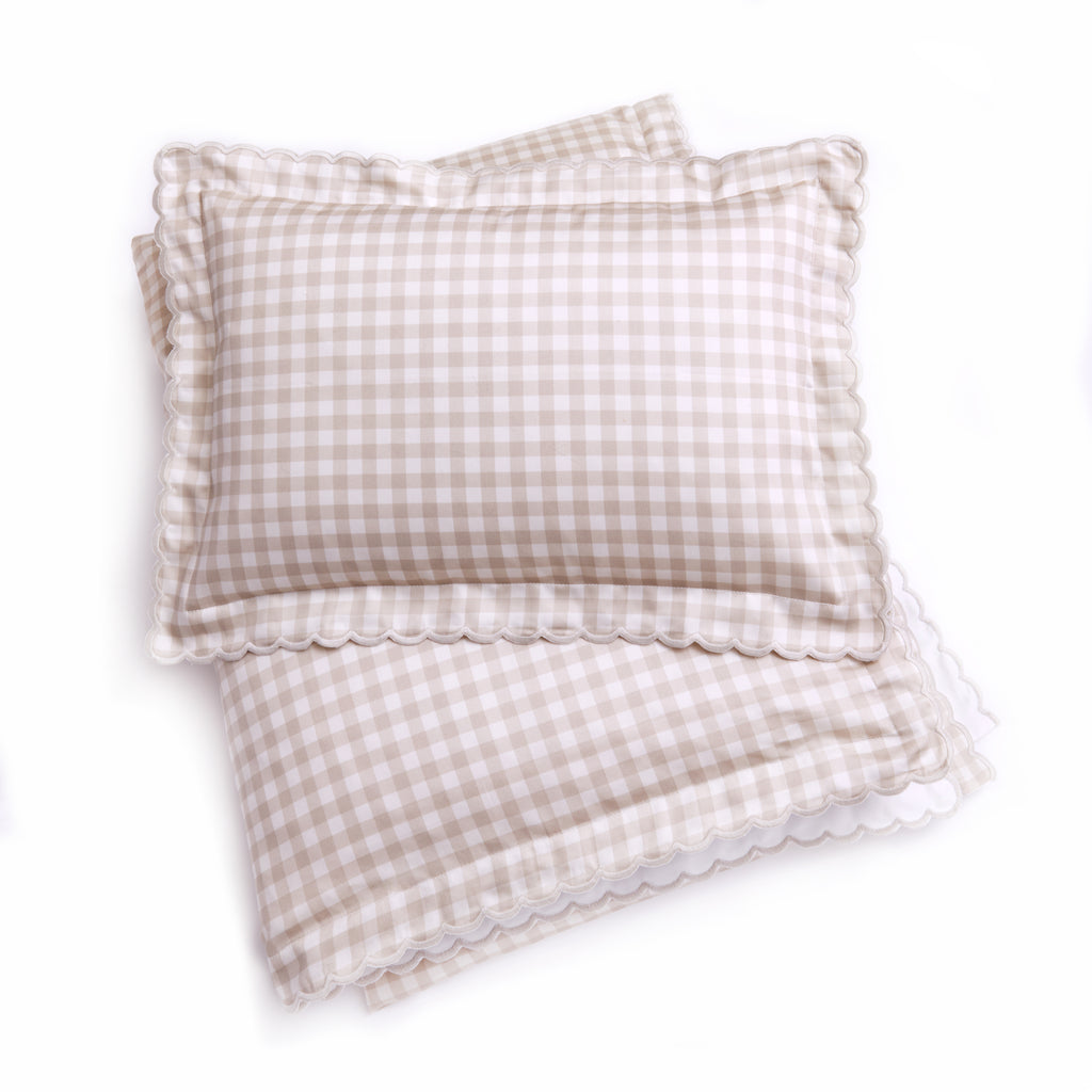 Personalize Me: Toddler Duvet and Pillow in the Picnic Gingham Print in Beige Color