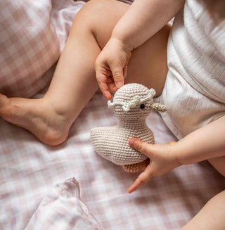 baby sitting on baby duvet holding a gooseling