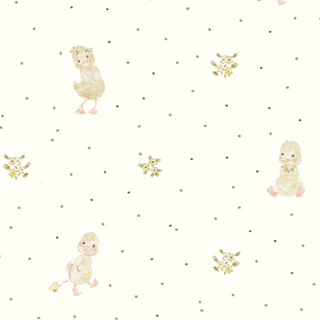 little gooselings print wiht three gooselings and polka dots and floral decor