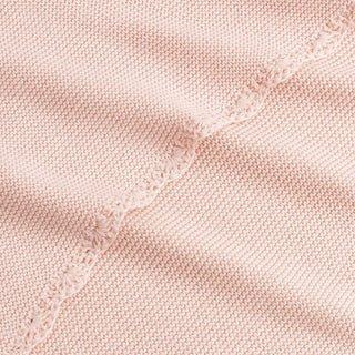 Cotton Knit Baby Blanket in Pink. Close up shot to see soft woven texture and trim detail.