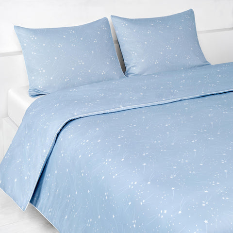 Once Upon A Time Full/Queen Duvet Cover in the Blue Print displayed on bed. Shown with two standard size pillow cases in the same print.