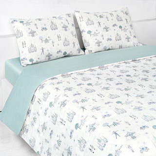 Adventures in Wonderland Full/Queen Duvet Cover in the Aqua Print displayed on bed. Shown with two standard size pillow cases in the same print.