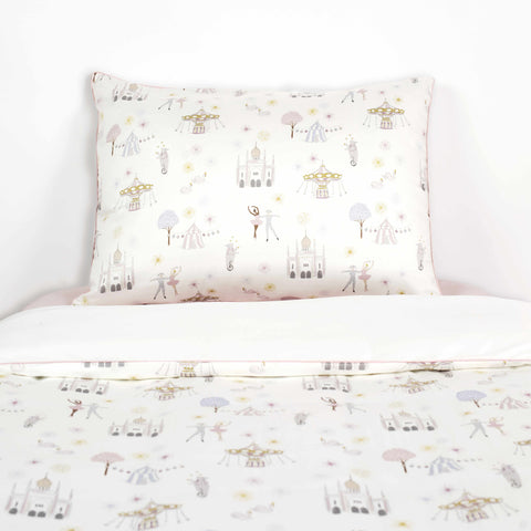 Adventure In wonderland Print in Pink on a Twin Bed with a Pillowcase