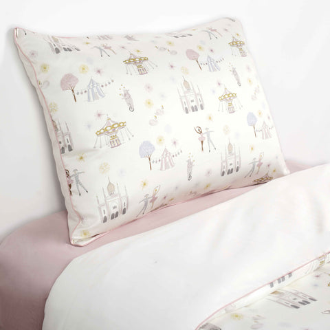 Adventure In wonderland Print in Pink on a Twin Bed with a Pillowcase