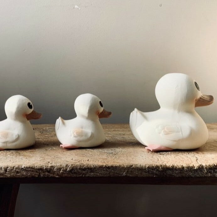 Rubber Gooseling Bath Toy in  Marshmallow. Three rubber ducks lined up in a row sitting on wooden bench.
