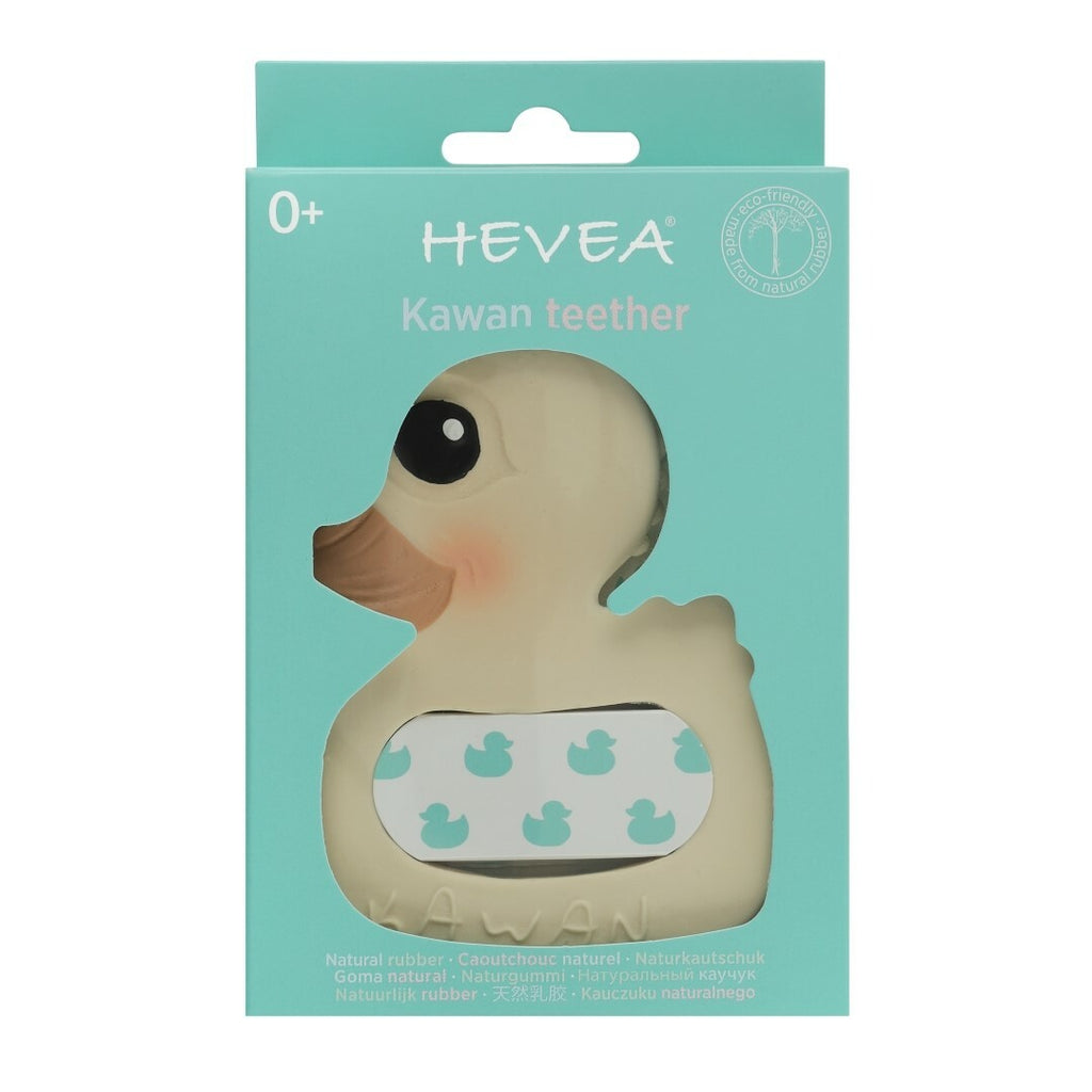 Gooseling Teether in Marshmallow showcased in Hevea Aqua packaging.