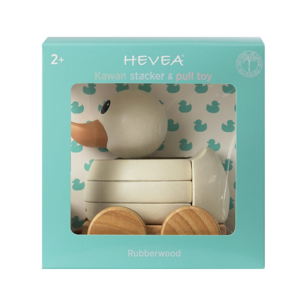 Gooseling Stacker and Pull Toy in  Marshmallow inside Hevea Aqua packaging.