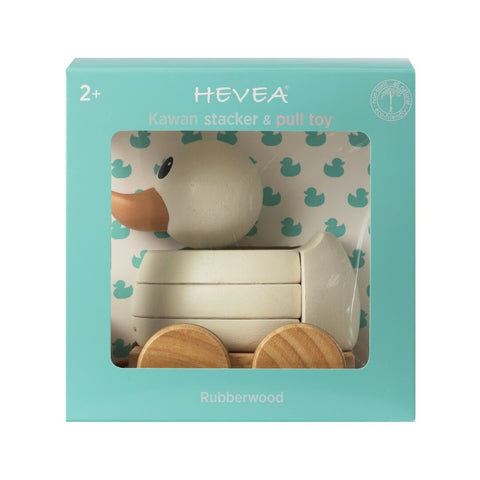 Gooseling Stacker and Pull Toy in  Marshmallow inside Hevea Aqua packaging.