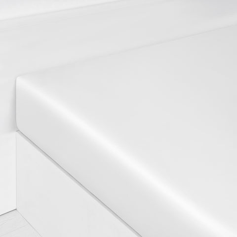 Solid Fitted Sheet in White corner shot of the bed