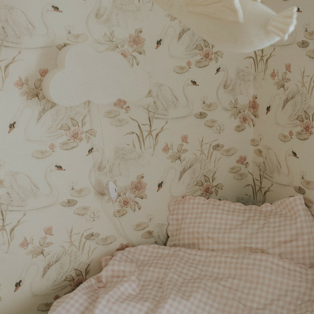 Picnic Gingham Full/Queen Duvet Cover in the Pink Print displayed on bed. Shown with two standard size pillow cases in the same print.