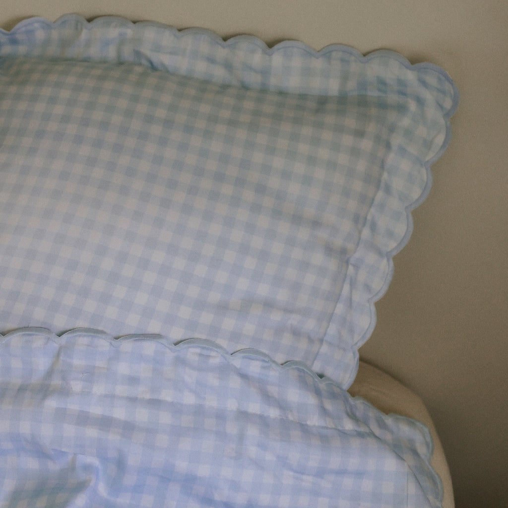 Picnic Gingham Twin Set in Blue. Both Pillow and Duvet Blanket made on bed. 