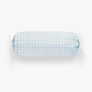 blue and white checkered bolster pillow on a white background