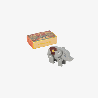 Gray elephant puzzle toy with a colorful box on a white background