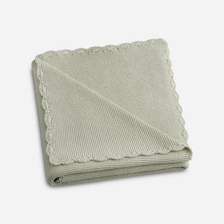 Cotton Knit Blanket in Sage Green with scallop trim detail, folded