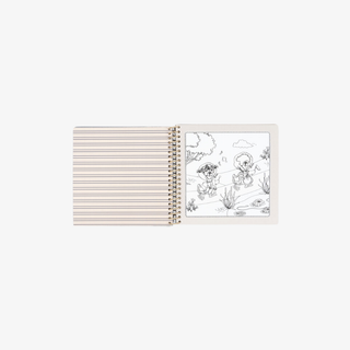 Notebook with a spiral binding and a page featuring line art on a white background