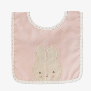 Pink bib with a bunny face design on a white background