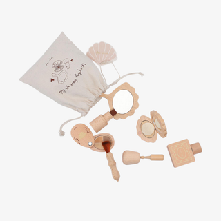 Set of wooden baby toys with a drawstring bag on a white background