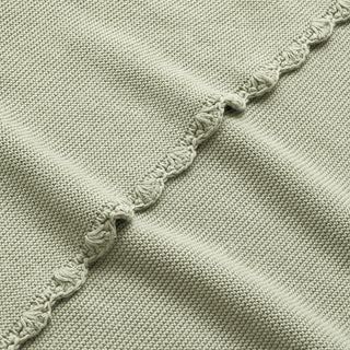 Cotton Knit Blanket in Sage Green with scallop trim detail up close shot