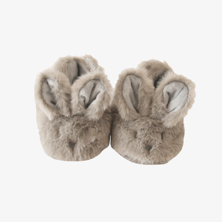 Pair of fluffy bunny slippers on a white background