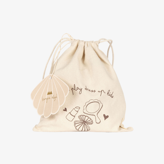 Beige drawstring bag with illustrations and text on a white background
