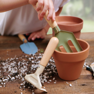 Person gardening with small gardening tools on a wooden surface