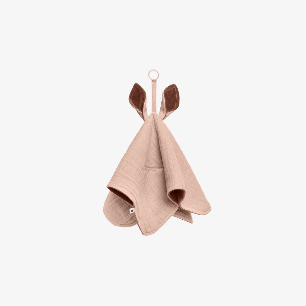 Pink baby blanket with brown accents on a white background