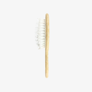 Cream-colored baby hairbrush with white bristles on a light gray background
