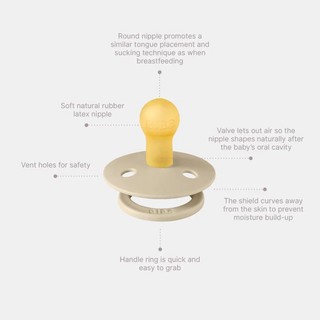 Baby pacifier with text explaining its features on a white background