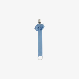 Blue paci holder with a bow on a white background