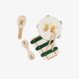Set of children's musical instruments with cartoon characters on a white background