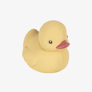 Yellow rubber duck on a white background