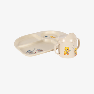 Children's dinner set with tray and cup featuring cartoon characters on a white background