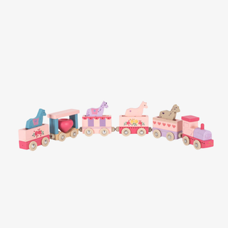 Wooden toy train set with pastel colors on a white background
