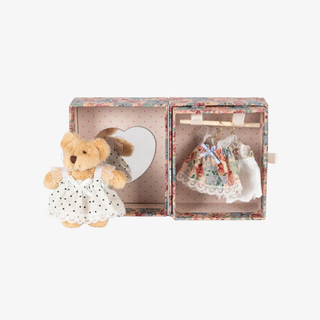 Teddy bear in a dress with a heart-shaped mirror and small dresses in a decorative box on a white background