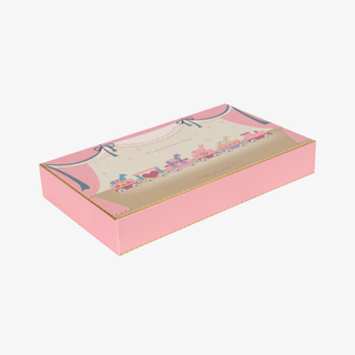 Pink box with a unicorn train design on a white background