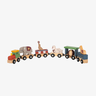 Wooden children's toy train with circus animals. 