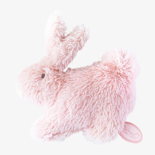 Pink fluffy bunny toy on a white background