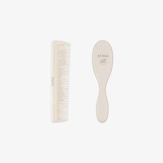 White hairbrush and comb set on a white background with 'FANGA' branding.