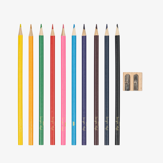 Set of colored pencils with a sharpener on a white background