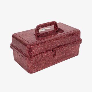 Red glitteryart supply box with a handle on a white background