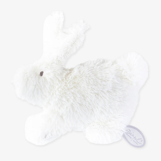 Plush bunny with a brand label on a white background