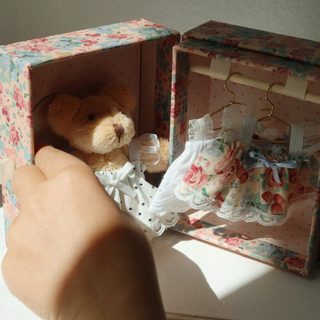 Floral-patterned toy box with a teddy bear and miniature dresses, hand reaching in to adjust items.