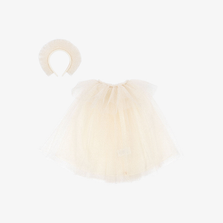 Set of cream-colored headband and hair tie on a white background